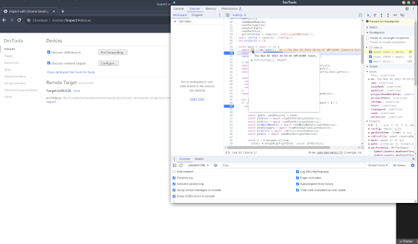 set breakpoints and run the application. On breakpoints, we use the DevTools interface to debug.